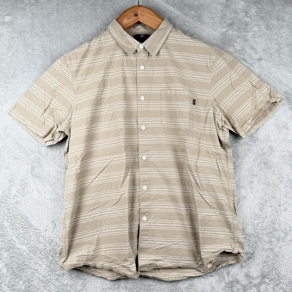 Oakley Button Up Shirt‎ Men's XL Tan Striped Outdoors Casual Short Sleeve Preppy